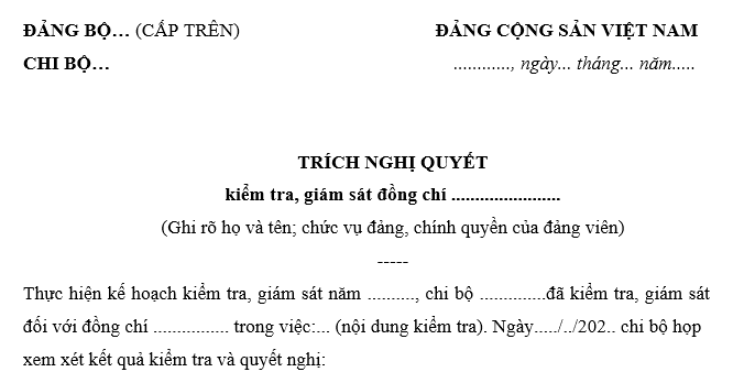 Mẫu trích nghị quyết kiểm tra giám sát đảng viên mới nhất