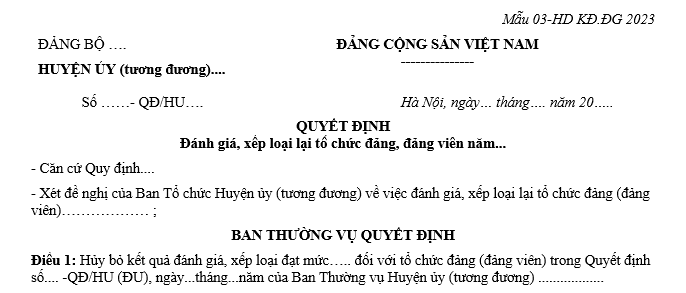 Mẫu quyết định đánh giá xếp loại lại tổ chức đảng, đảng viên cuối năm theo Hướng dẫn 25