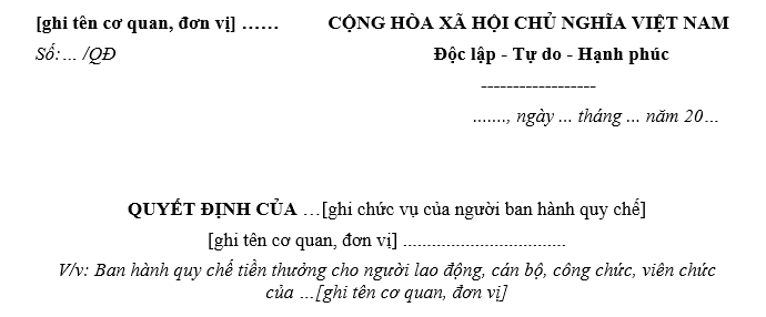 Mẫu Quy chế tiền thưởng theo Nghị định 73