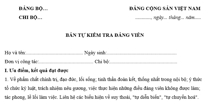 Mẫu bản tự kiểm tra đảng viên chấp hành?