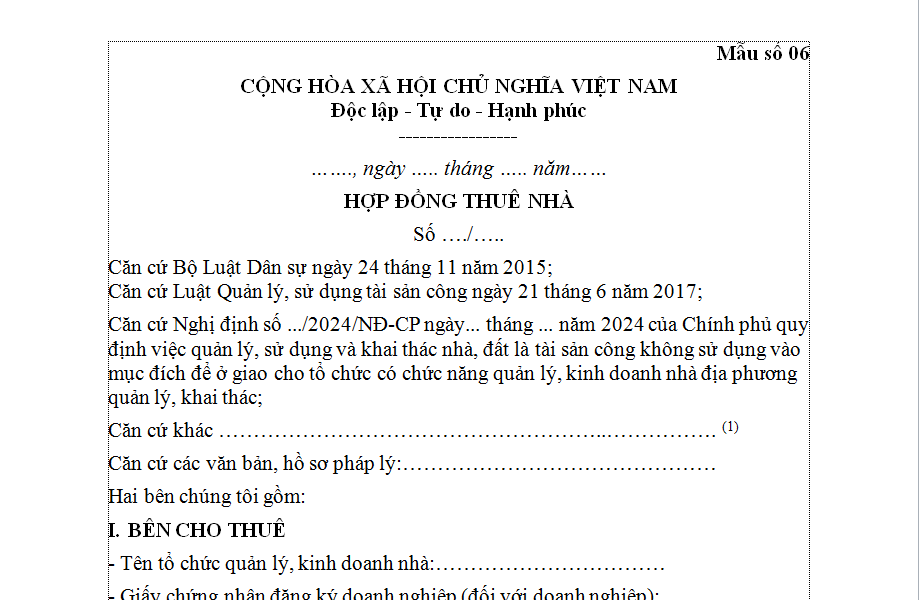 Mẫu Hợp đồng thuê nhà là tài sản công không sử dụng để ở mới nhất theo Nghị định 108? Thời hạn cho thuê nhà?