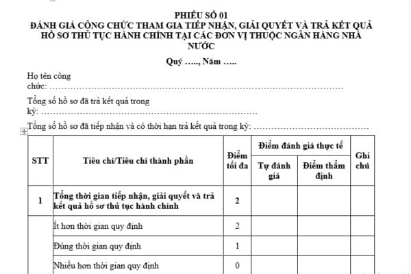 Mẫu phiếu đánh giá công chức giải quyết thủ tục hành chính tại đơn vị thuộc Ngân hàng Nhà nước? Cách chấm điểm tiêu chí đánh giá?