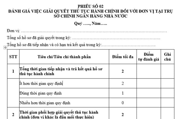 Mẫu phiếu đánh giá việc giải quyết thủ tục hành chính của các đơn vị tại Trụ sở chính Ngân hàng Nhà nước? Cách chấm điểm tiêu chí đánh giá?