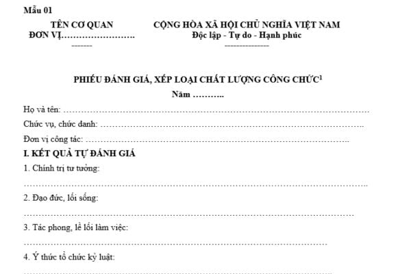 Mẫu phiếu đánh giá xếp loại chất lượng công chức Bộ Tư pháp mới nhất? Tiêu chí chung về đánh giá xếp loại chất lượng công chức?