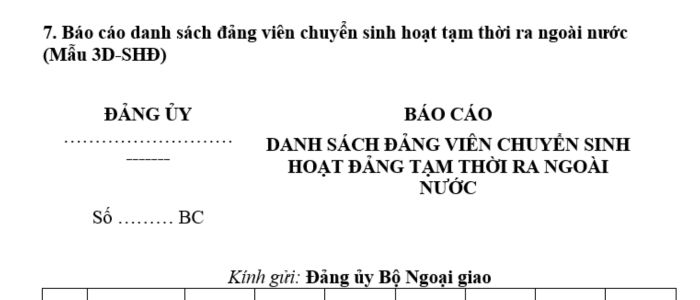 Mẫu báo cáo danh sách đảng viên chuyển sinh hoạt tạm thời ra ngoài nước theo Hướng dẫn 12? Trường hợp chuyển sinh hoạt đảng tạm thời ra ngoài nước?