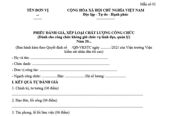 Mẫu Phiếu đánh giá xếp loại công chức ngành Kiểm sát nhân dân mới nhất? Tải về ở đâu? Hướng dẫn chấm điểm?