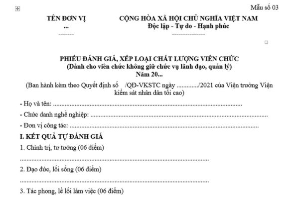 Mẫu Phiếu đánh giá xếp loại viên chức ngành Kiểm sát nhân dân? Cách chấm điểm Phiếu đánh giá xếp loại viên chức chi tiết?