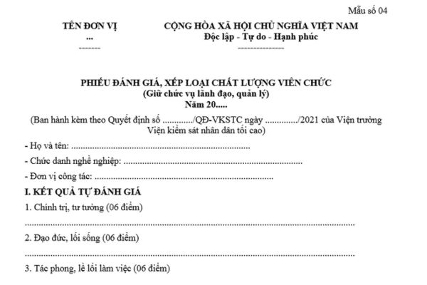 Mẫu Phiếu đánh giá xếp loại viên chức ngành Kiểm sát nhân dân? Cách chấm điểm Phiếu đánh giá xếp loại viên chức chi tiết?