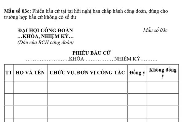 Mẫu Phiếu bầu cử tại hội nghị ban chấp hành công đoàn? Tải file word? Bầu ủy viên ban thường vụ được thực hiện bằng hình thức nào?