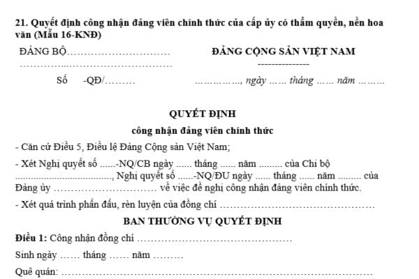 Mẫu Quyết định công nhận đảng viên chính thức của cấp ủy có thẩm quyền như thế nào? Tải mẫu ở đâu?