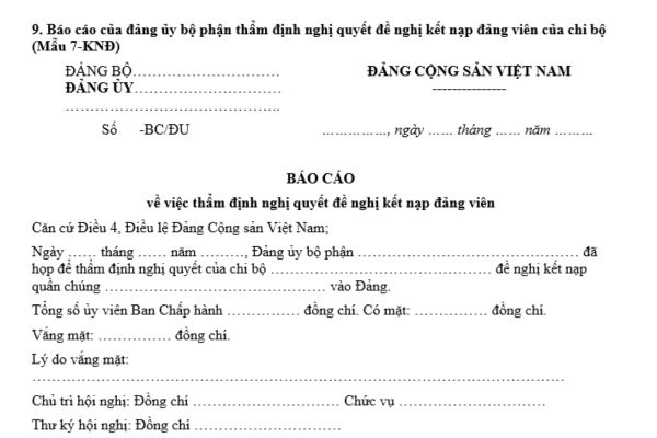 Mẫu Báo cáo của đảng ủy bộ phận thẩm định nghị quyết đề nghị kết nạp đảng viên của chi bộ là mẫu nào?