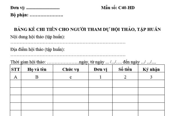 Tải mẫu C40 HD Bảng kê chi tiền cho người dự hội thảo tập huấn trong công đoàn cơ sở? Bảng kê chi tiền phải được ký bằng bút nào?