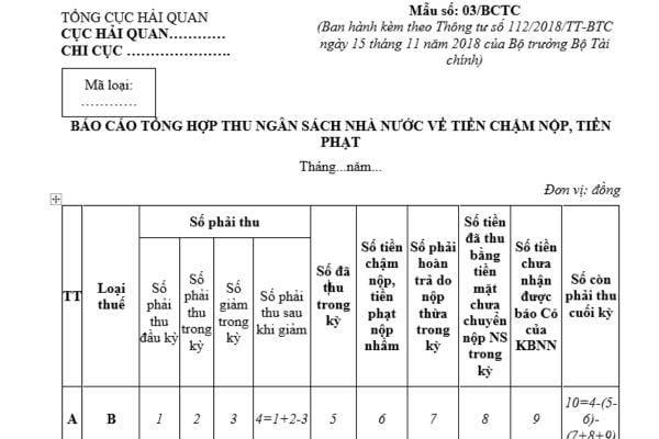 Mẫu báo cáo tổng hợp thu ngân sách nhà nước về tiền chậm nộp, tiền phạt đối với hàng hóa xuất nhập khẩu? Tải mẫu ở đâu?