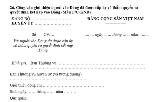 Mẫu 17C KNĐ Công văn giới thiệu người vào Đảng đã được cấp ủy có thẩm quyền ra quyết định kết nạp Đảng mới nhất?