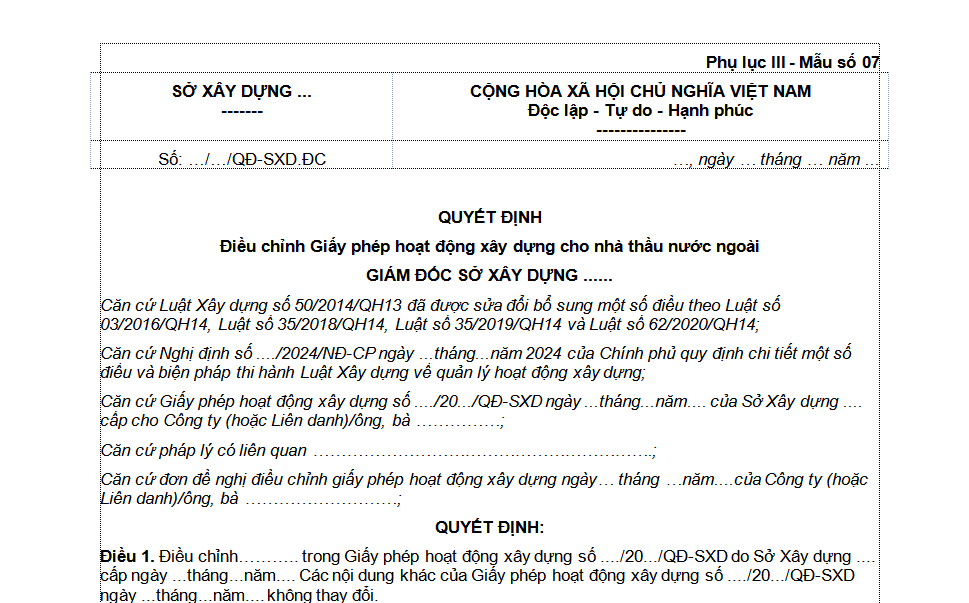 Mẫu Quyết định điều chỉnh Giấy phép hoạt động xây dựng cho nhà thầu nước ngoài mới nhất? Tải mẫu?