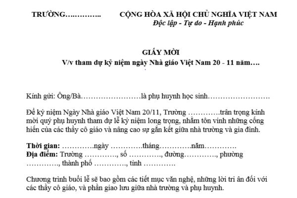 Mẫu giấy mời phụ huynh 20 11 tham dự kỷ niệm ngày Nhà giáo Việt Nam mới nhất? Có thể tổ chức hoạt động kỷ niệm ngày 20 11 theo hình thức nào?