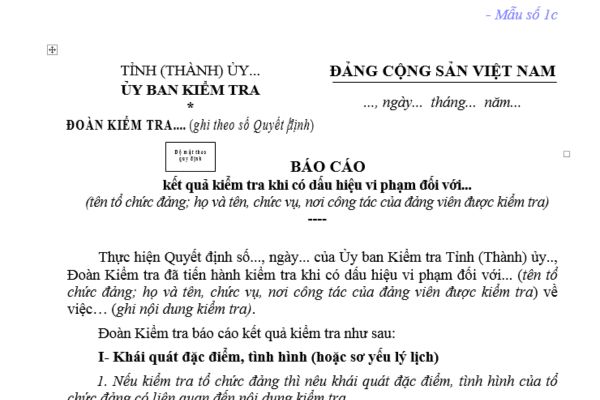 Mẫu báo cáo kết quả kiểm tra Đảng viên khi có dấu hiệu vi phạm? Khi có dấu hiệu vi phạm của đảng viên là khi nào?