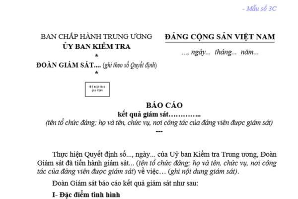 Mẫu báo cáo kết quả giám sát trong Đảng mới nhất? Nội dung giám sát trong Đảng của Ủy ban kiểm tra là gì?