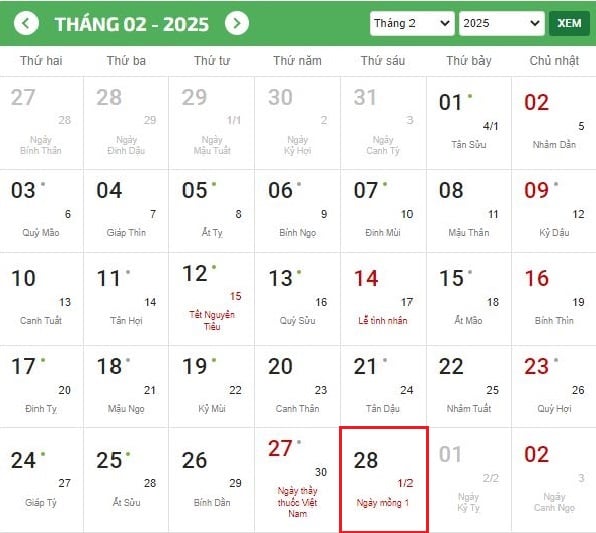Mùng 1 tháng 2 âm lịch là ngày mấy dương, thứ mấy? Mùng 1 tháng 2 âm lịch có được nghỉ làm không?