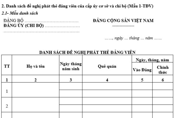 Tải về mẫu 1-TĐV Danh sách đề nghị phát thẻ đảng viên của cấp ủy cơ sở và chi bộ? Trách nhiệm cấp ủy trong việc phát và quản lý thẻ đảng viên?