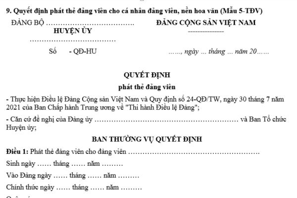 Mẫu Quyết định phát thẻ đảng viên cho cá nhân đảng viên mới nhất? Tải mẫu ở đâu? Quy trình làm thẻ đảng viên như thế nào?