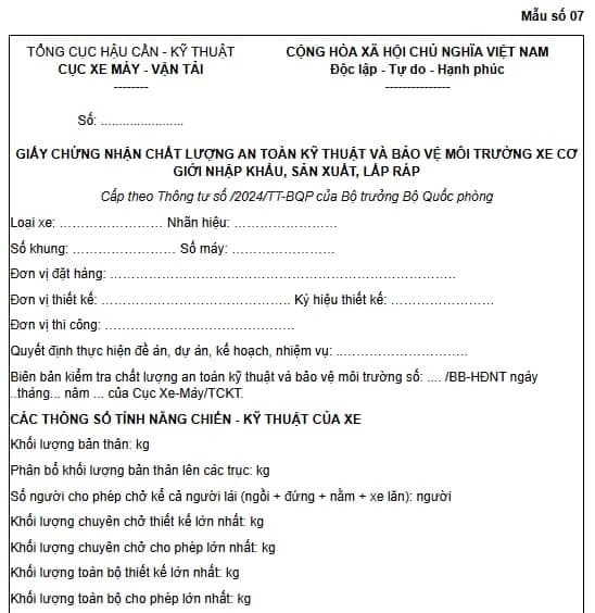 Mẫu Giấy chứng nhận chất lượng an toàn kỹ thuật và bảo vệ môi trường xe cơ giới 