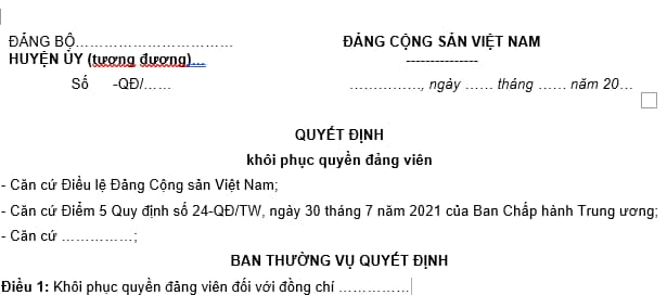 Mẫu khôi phục quyền Đảng viên