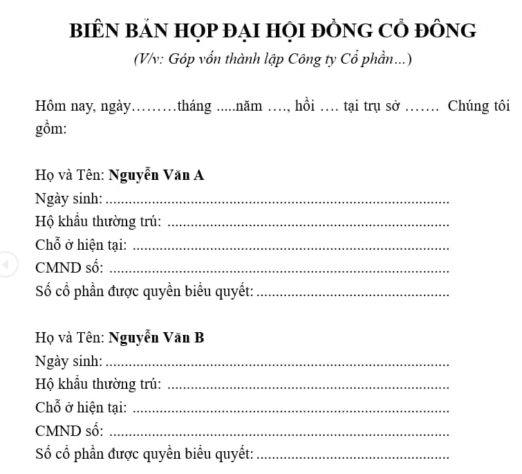 mẫu biên bản họp góp vốn thành lập công ty cổ phần