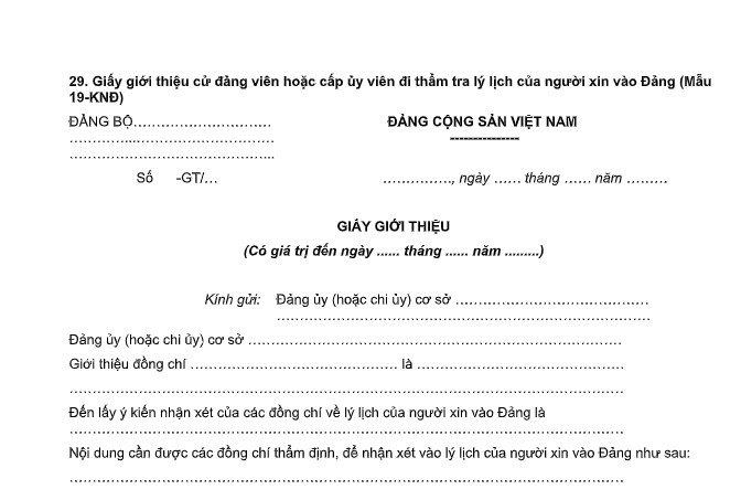 giấy giới thiệu cử đảng viên đi thẩm tra lý lịch