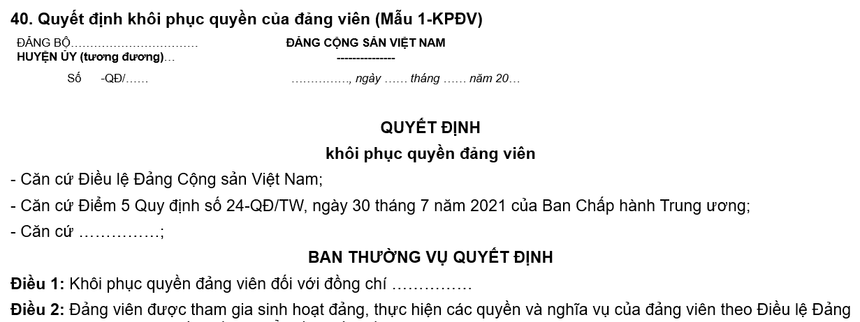 quyết định khôi phục quyền của đảng viên