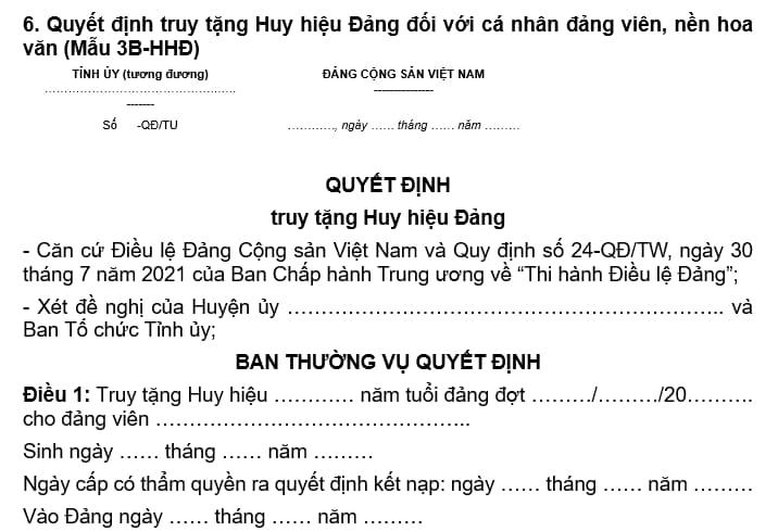 Mẫu quyết định truy tặng huy hiệu đảng đối với cá nhân đảng viên?