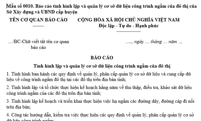 mẫu báo cáo tình hình công trình ngầm đô thị