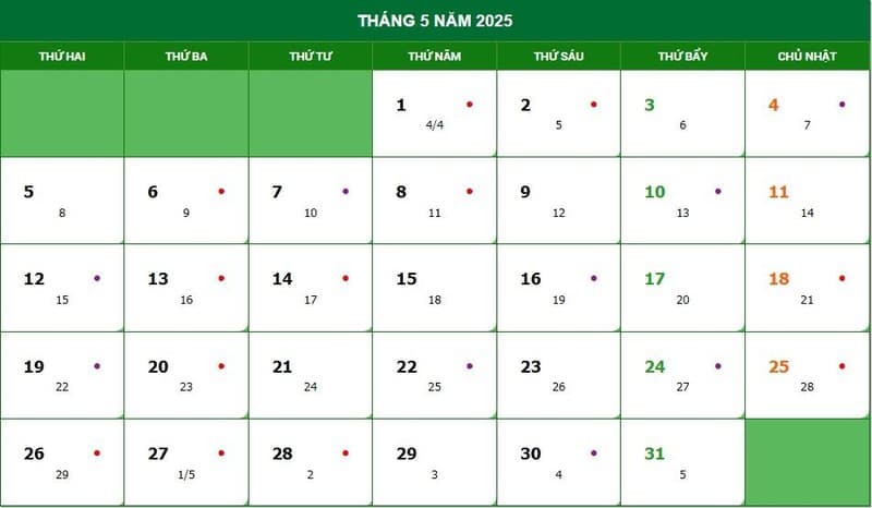 lịch âm tháng 5