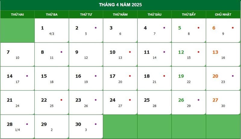 lịch âm tháng 4 2025