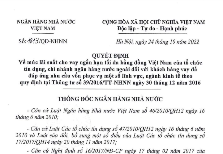 Quyết định 1813/QĐ-NHNN: Tăng mức lãi suất cho vay ngắn hạn tối đa bằng đồng Việt Nam