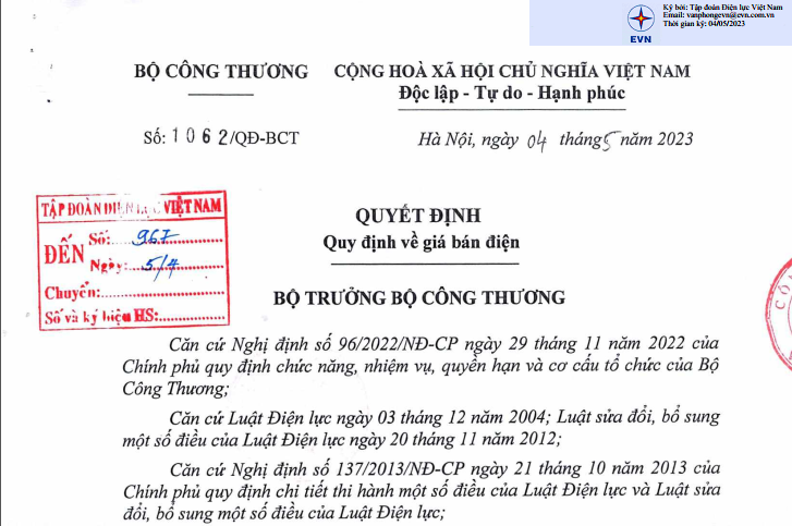 Đã có Quyết định 1062/QĐ-BCT về giá bán điện