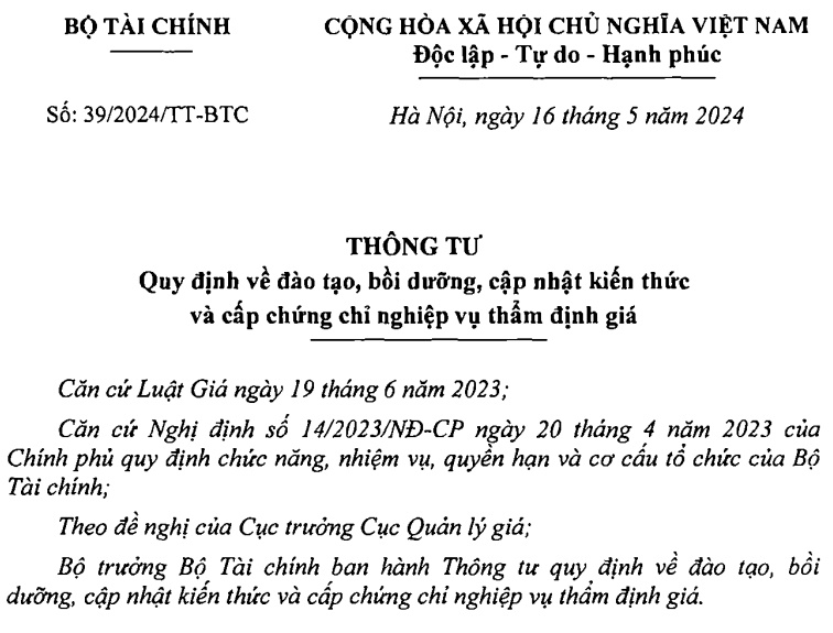 Đã có Thông tư 39/2024/TT-BTC về đào tạo, bồi dưỡng nghiệp vụ thẩm định giá mới nhất