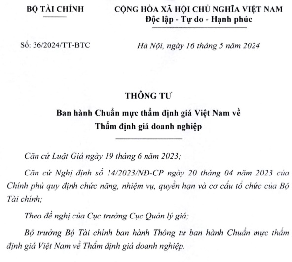 Đã có Thông tư 36/2024/TT-BTC: Chuẩn mực thẩm định giá Việt Nam về thẩm định giá doanh nghiệp