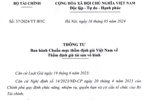 Đã có Thông tư 37/2024/TT-BTC về Chuẩn mực thẩm định giá Việt Nam về thẩm định giá tài sản vô hình