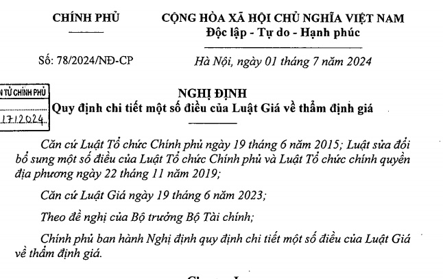 Đã có Nghị định 78/2024/NĐ-CP hướng dẫn Luật Giá 2023 về thẩm định giá