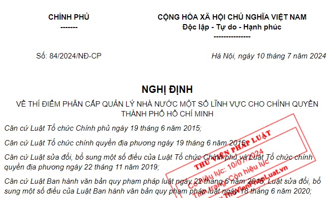 Đã có Nghị định 84/2024/NĐ-CP thí điểm phân cấp quản lý nhà nước 8 lĩnh vực cho chính quyền Thành phố Hồ Chí Minh