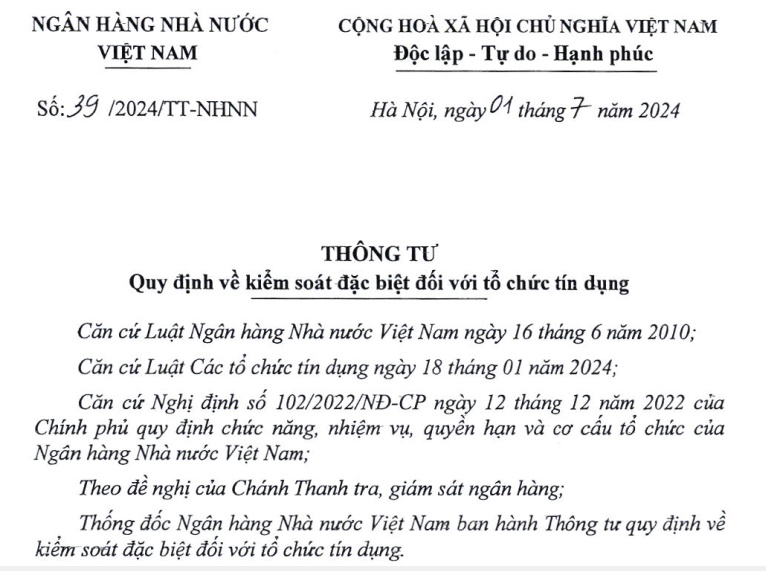 Đã có Thông tư về kiểm soát đặc biệt đối với tổ chức tín dụng theo Luật Các tổ chức tín dụng 2024