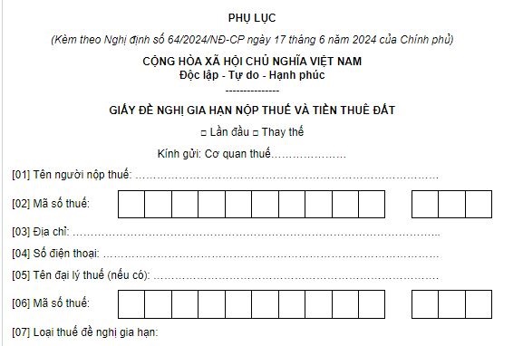 Cách điền mẫu giấy đề nghị gia hạn nộp thuế và tiền thuê đất năm 2024