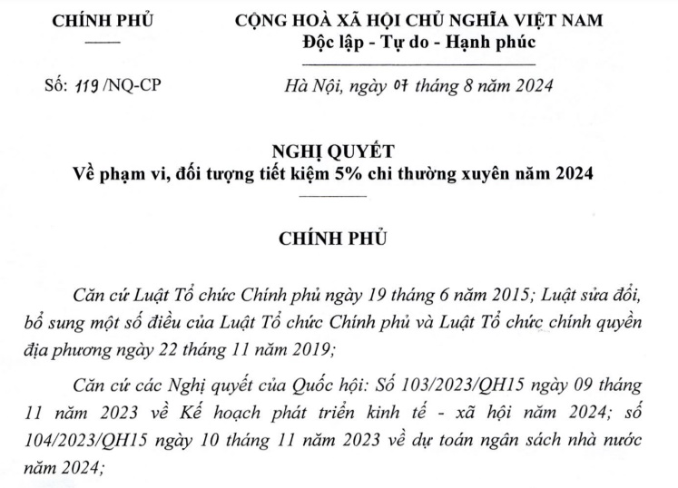 Đã có Nghị quyết 119/NQ-CP về tiết kiệm 5% chi thường xuyên năm 2024