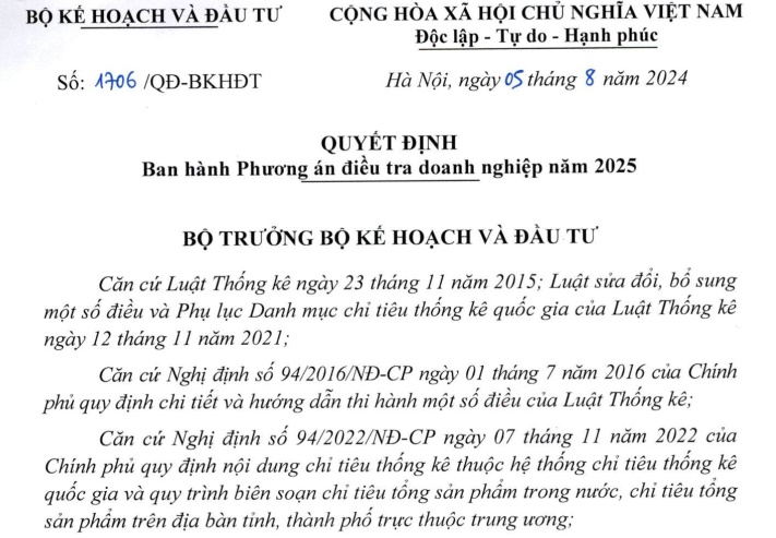 Đã có Quyết định 1706/QĐ-BKHĐT về Phương án điều tra doanh nghiệp năm 2025