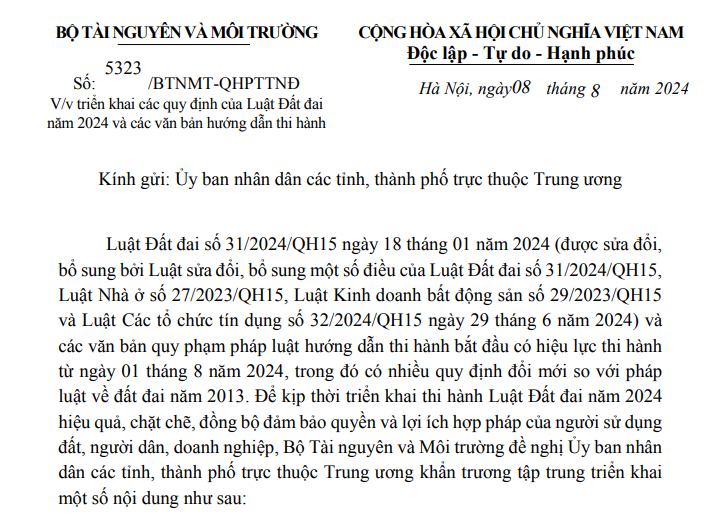 Công văn 5323 hướng dẫn triển khai Luật Đất đai 2024