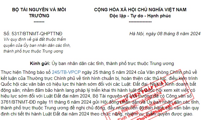 Đã có Công văn 5317 hướng dẫn quy định về giá đất thuộc thẩm quyền của UBND cấp tỉnh