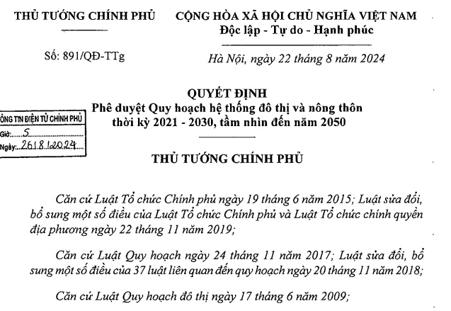 Đã có Quyết định 891 về danh mục thành phố trực thuộc trung ương, đô thị loại I, II, III đến 2030