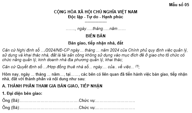 Ảnh chụp một phần Mẫu biên bản bàn giao nhà đất, tiếp nhận nhà đất là tài sản công không dùng để ở (Mẫu số 05)