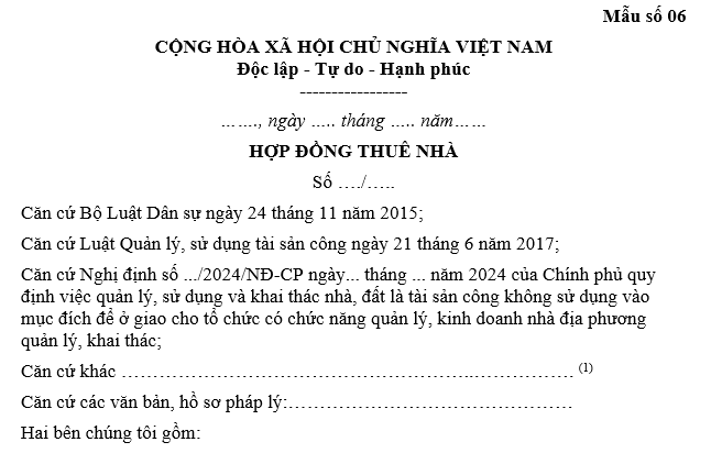 Ảnh chụp một phần Mẫu Hợp đồng thuê nhà là tài sản công không dùng để ở (Mẫu số 06)